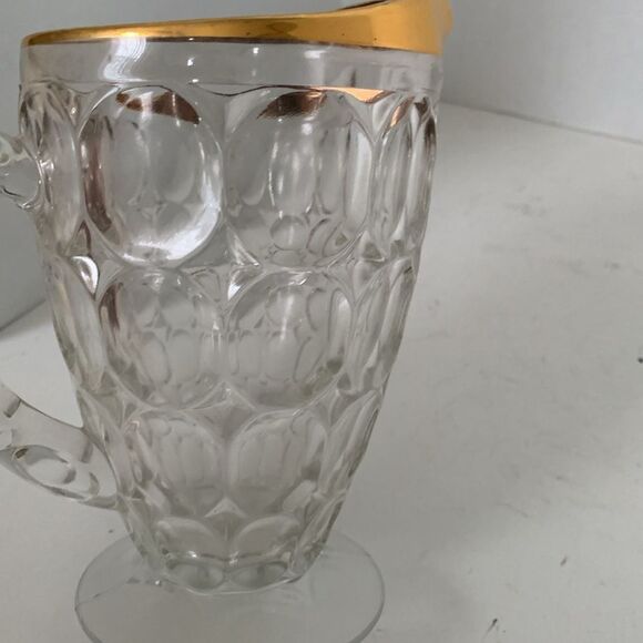 Vintage MCM Jeanette Gold Rim Thumbprint Glass Water Pitcher - Picture 6 of 10